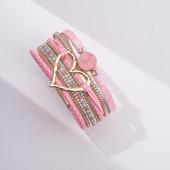 Heart Leather Wrap Bracelets Stackable Boho Cuff Bangles Trendy Resin Stone - Picture 6 of 9